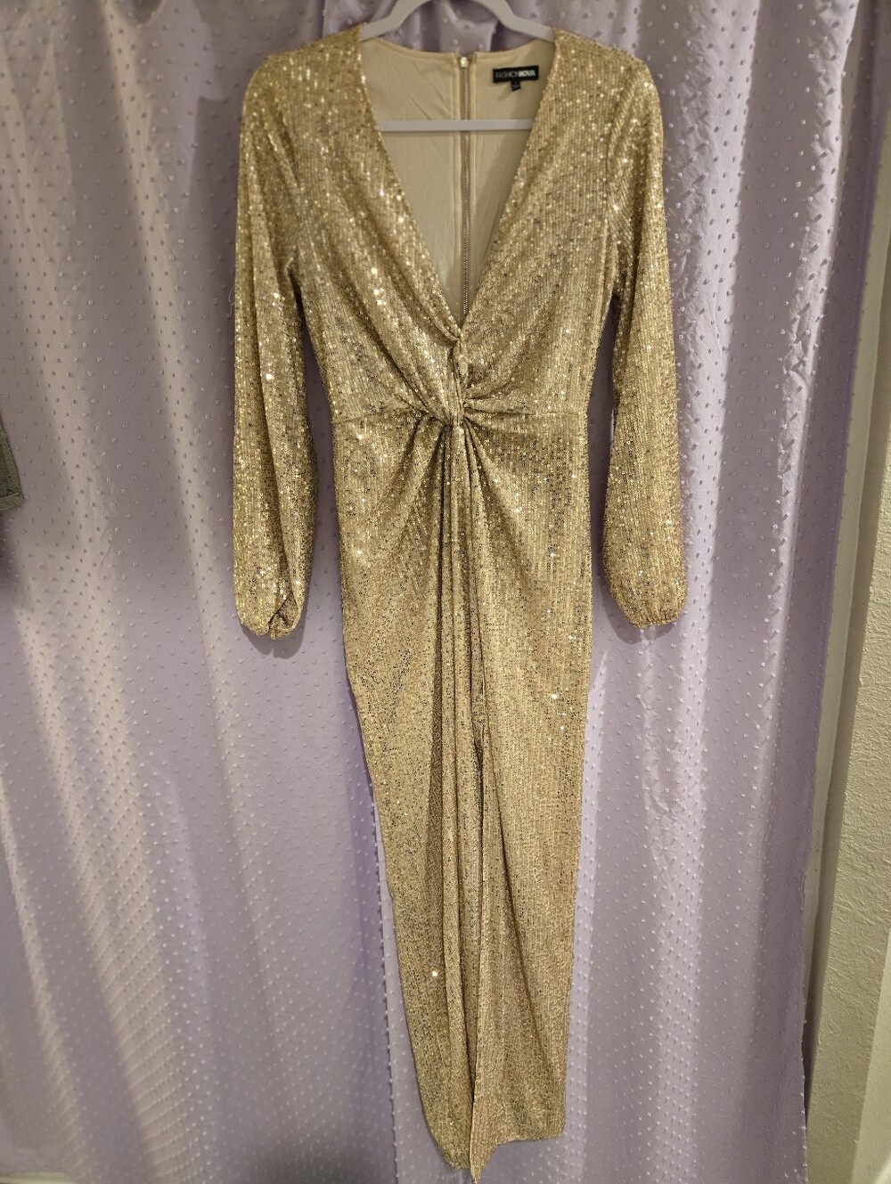 Fashion Nova Bardot Gold Sequin Twist-Front Long Sleeve Evening Dress